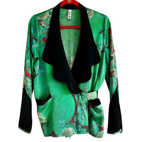 Rat & Boa Margeaux Tuxedo Silk Kimono Jacket Sz Medium Green Floral & Black - Picture 1 of 11